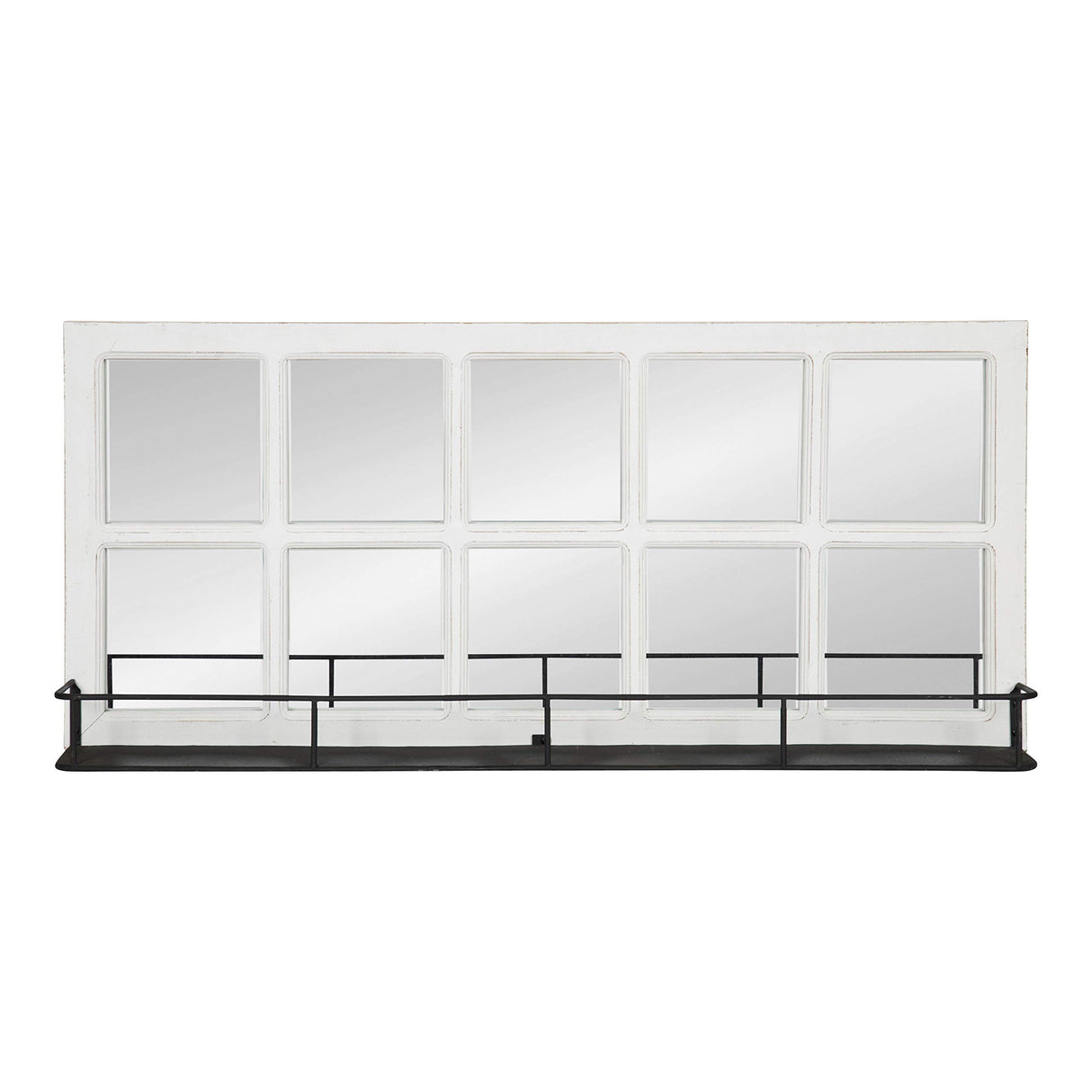 Kate and Laurel Jackson Casual Farmhouse Solid Wood 10 Windowpane Mirror with Distressed Black Metal Shelf, 40x18, Coastal White Kate and Laurel