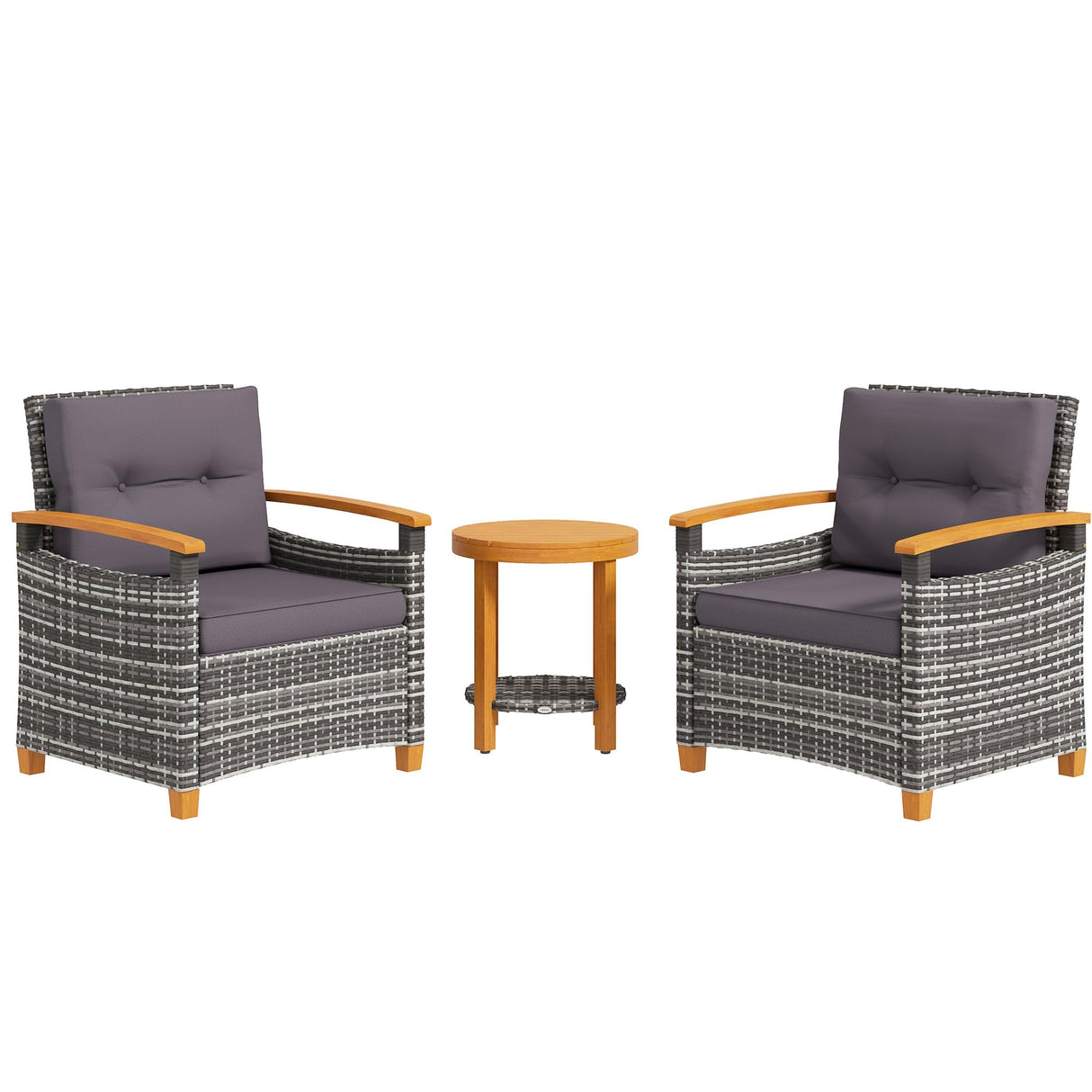 Outsunny 3 Pieces Patio Bistro Set Wooden with Cushions, PE Wicker Patio Furniture Outdoor for Porch, Backyard, Garden, Gray Outsunny