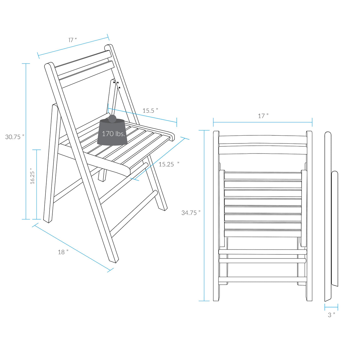 Casual Home Wooden Folding Chairs 2-Pcs Set, 17" W x 18" D x 30.75" H, Natural Casual Home