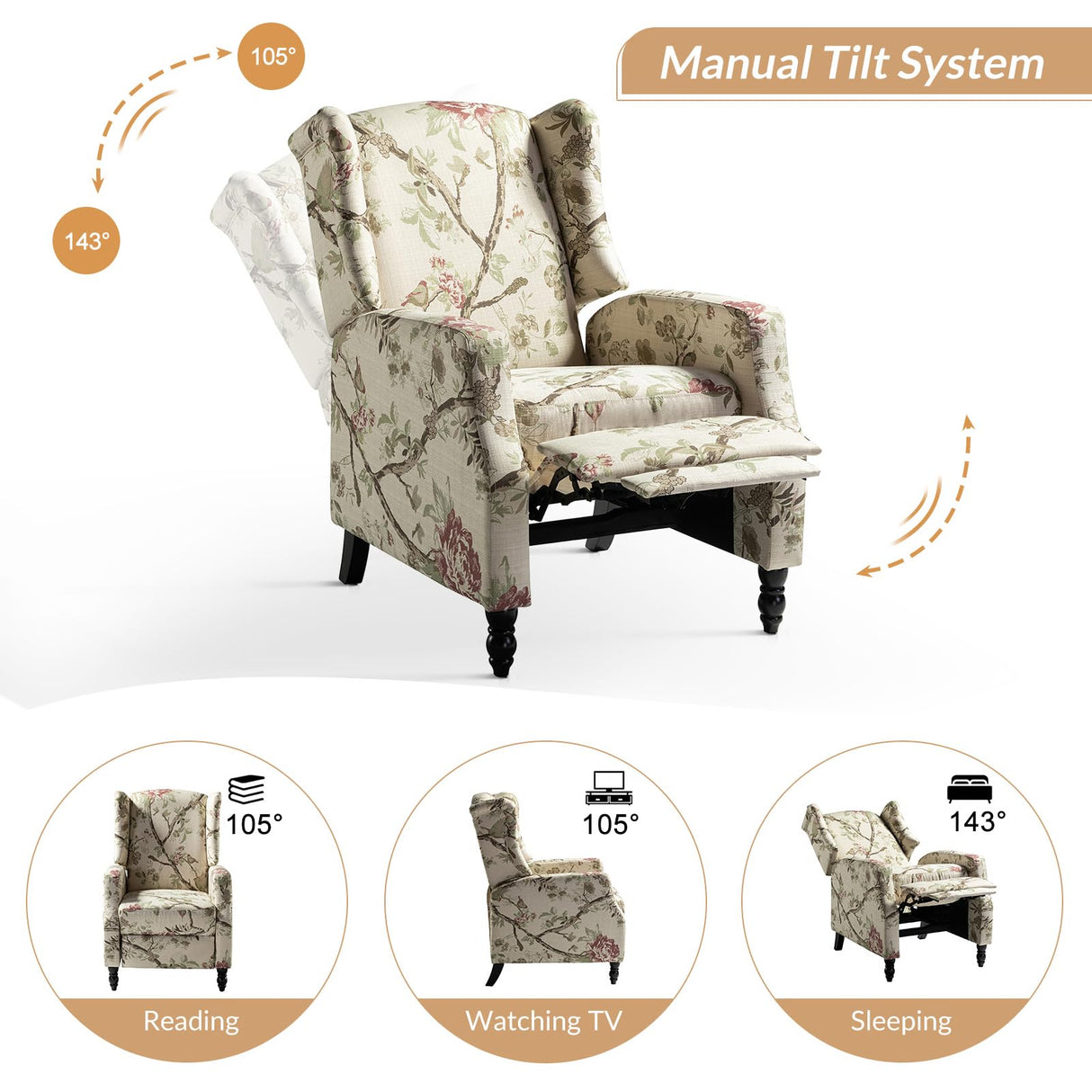 HULALA HOME Wingback Recliner Chairs Set of 2, Traditional Push Back Recliners with Solid Wood Legs, Modern Lounge Armchairs for Living Room, Comfy Upholstered Accent Reclining Chairs, Bird HULALA HOME