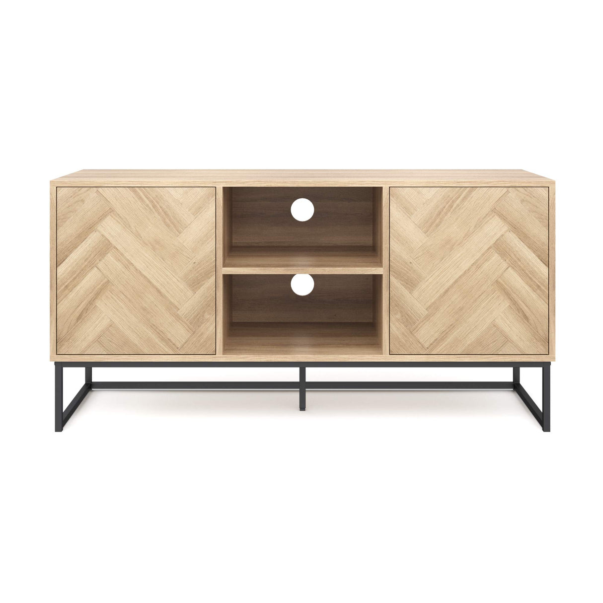 Nathan James Dylan Media Console Cabinet or TV Stand with Doors for Hidden Storage in a Natural Reclaimed Herringbone Wood Pattern and Metal, Oak/Matte Black Nathan James