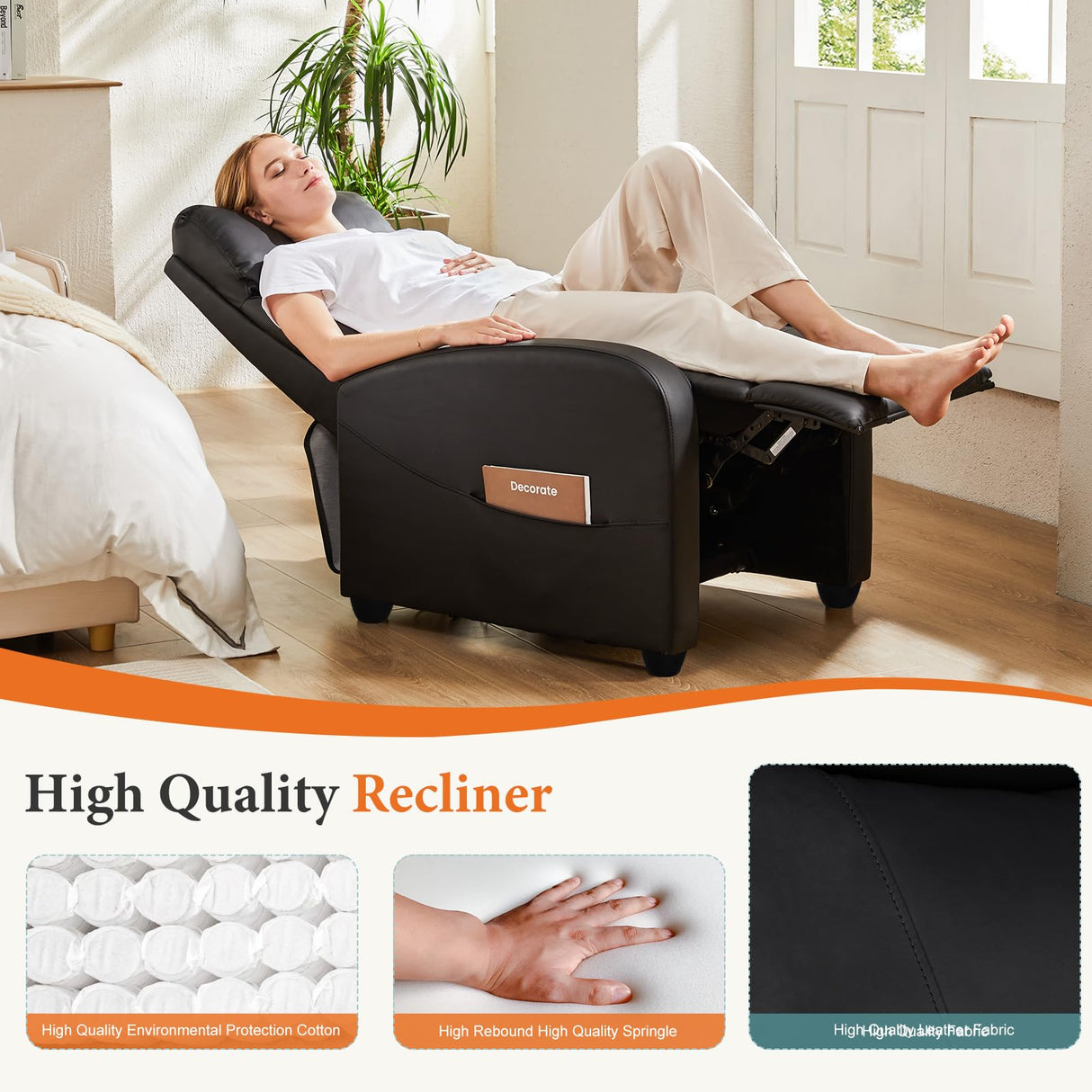 Sweetcrispy Recliner Chair PU Leather Recliner Sofa No Massage, Home Theater Seating with Lumbar Support, Adjustable Push Back Overstuffed High-Density Sponge Reclining for Living Room, Jet Black Sweetcrispy