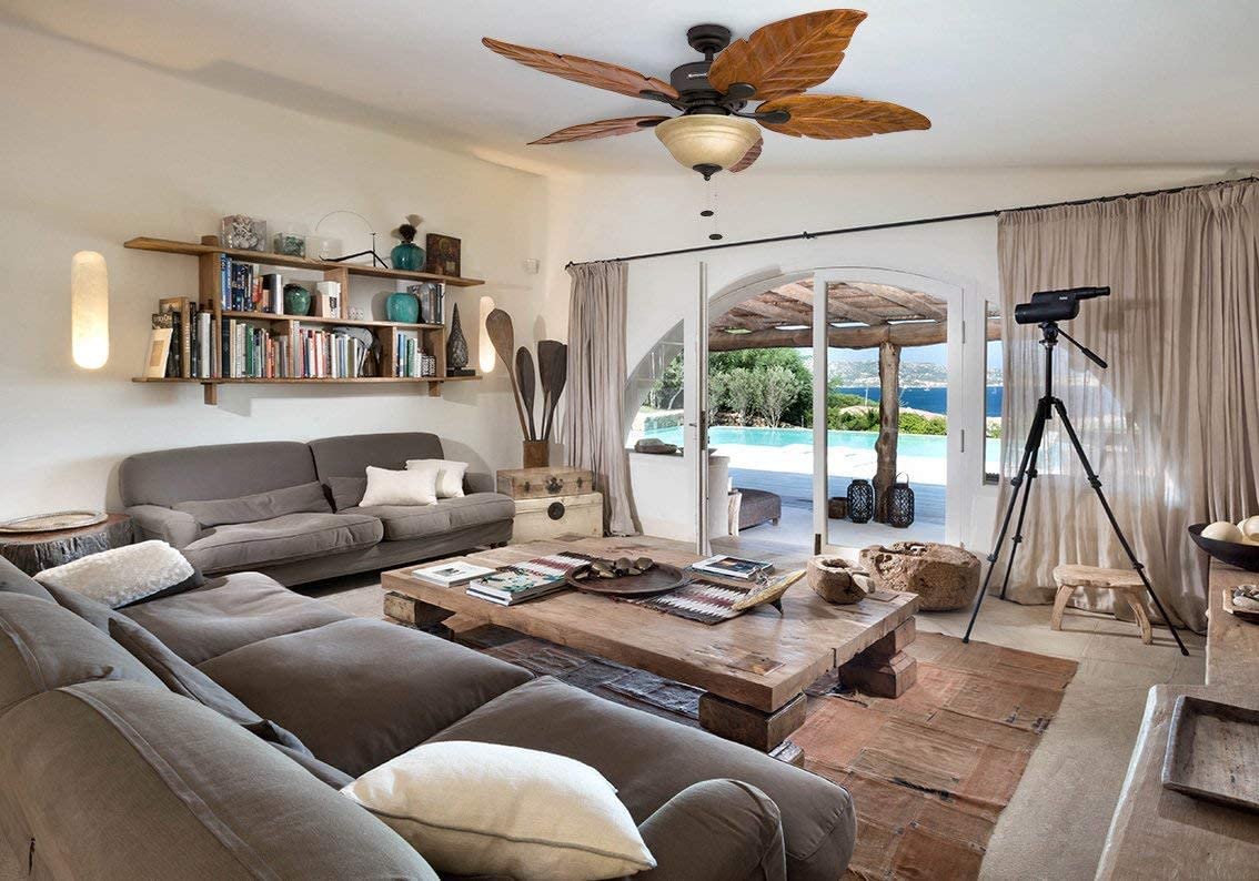 Honeywell Ceiling Fans Royal Palm, 52 Inch Tropical LED Ceiling Fan with Light, Pull Chain, Three Mounting Options, Hand Carved Solid Wood Blades - 50204-01 (Bronze) Honeywell Ceiling Fans