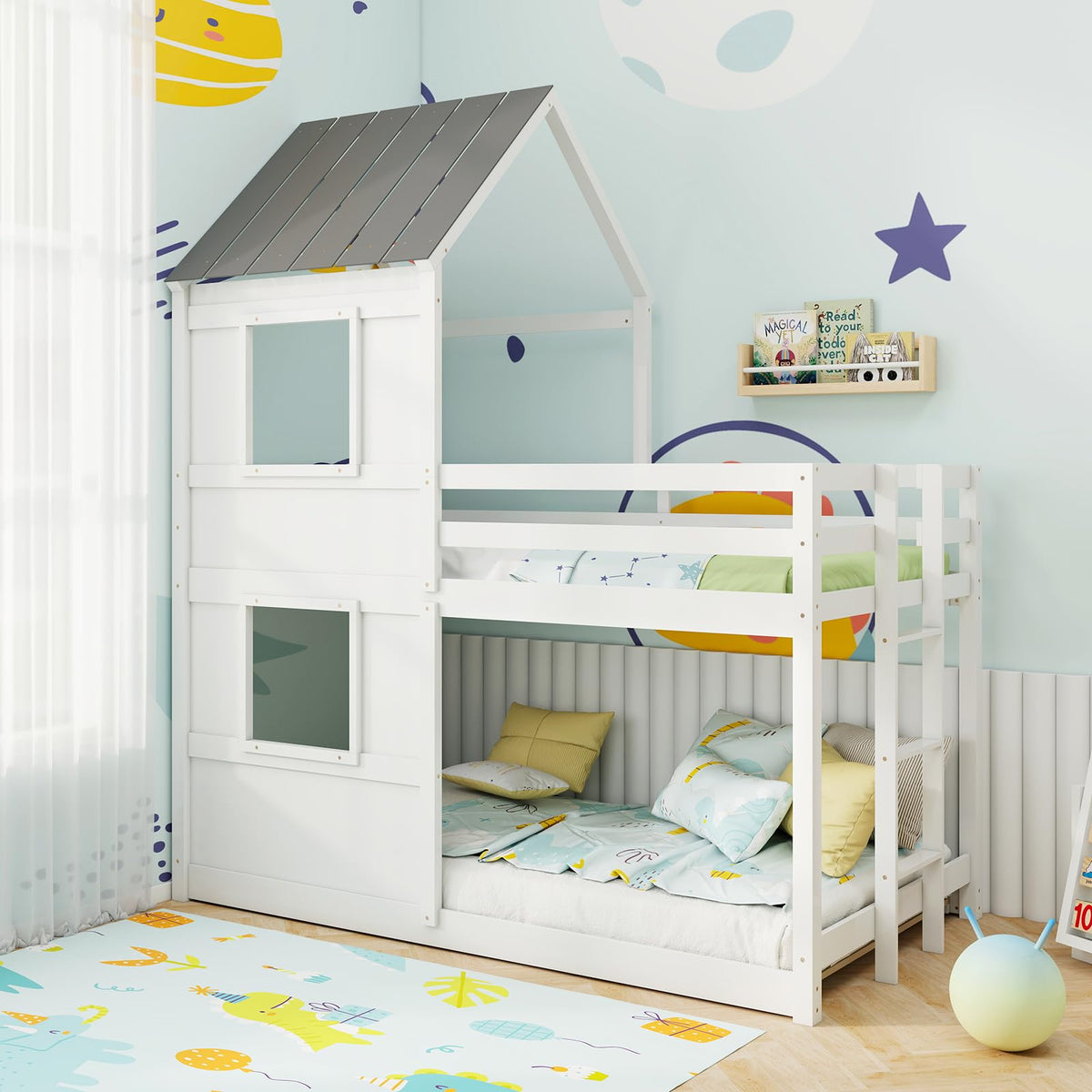 Giantex House Bunk Bed Twin Over Twin, Solid Wood Floor Bunk Bed with ...