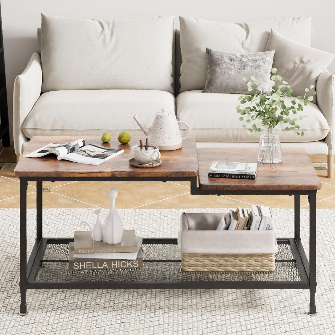 IDEALHOUSE Coffee Table Industrial Living Room Table 2-Tier Rustic Center Table with Mesh Shelf Rectangle Storage Cocktail Table Metal Frame, Easy to Assemble, Rustic Brown IDEALHOUSE