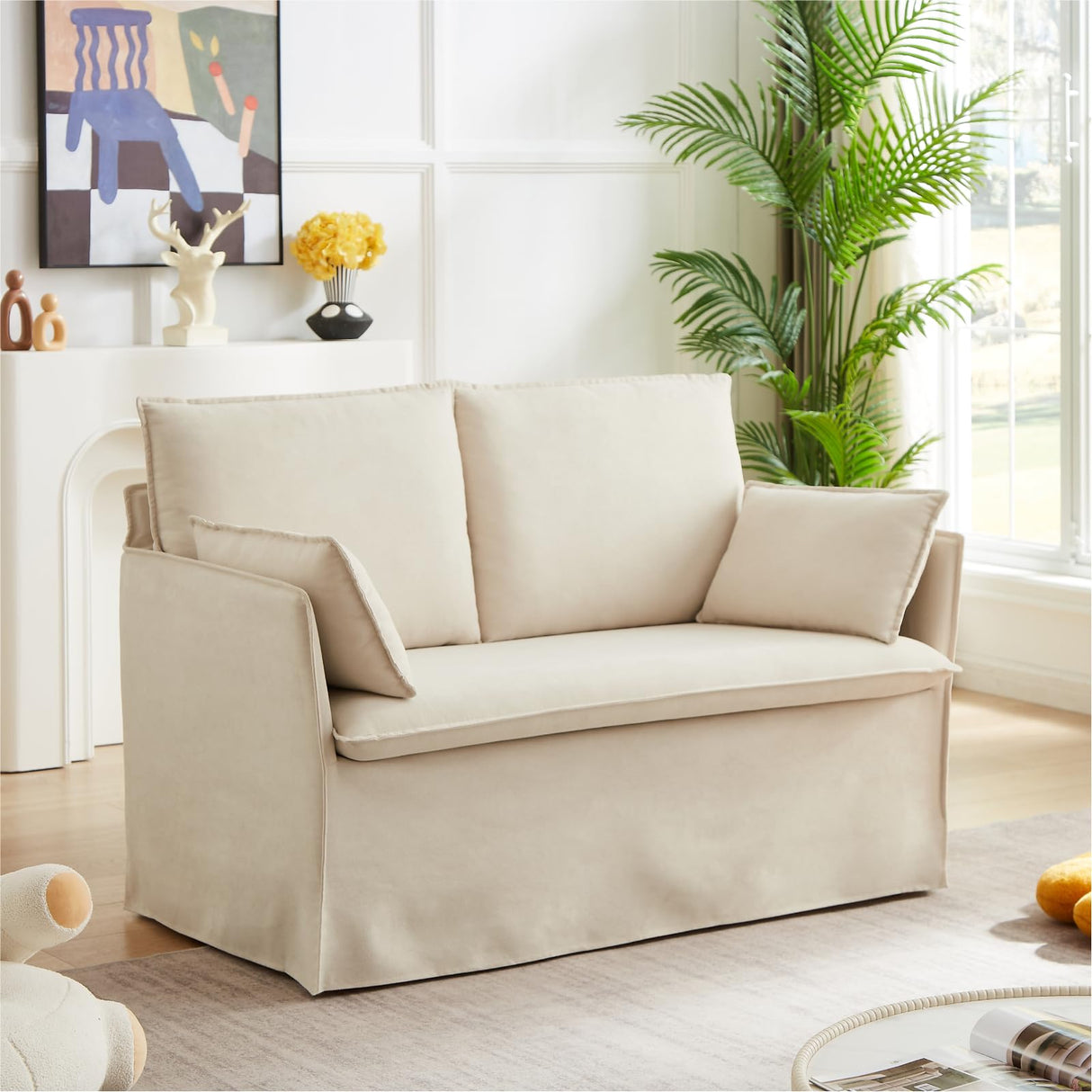 Sivoey Slipcovered Loveseat Sofa, 52" Small Couch with Throw Pillows, Single Seat Cushion, Easy Assembly, Modern Loveseat Sofa for Living Room, Office, Apartment, Small Space, Beige Sivoey