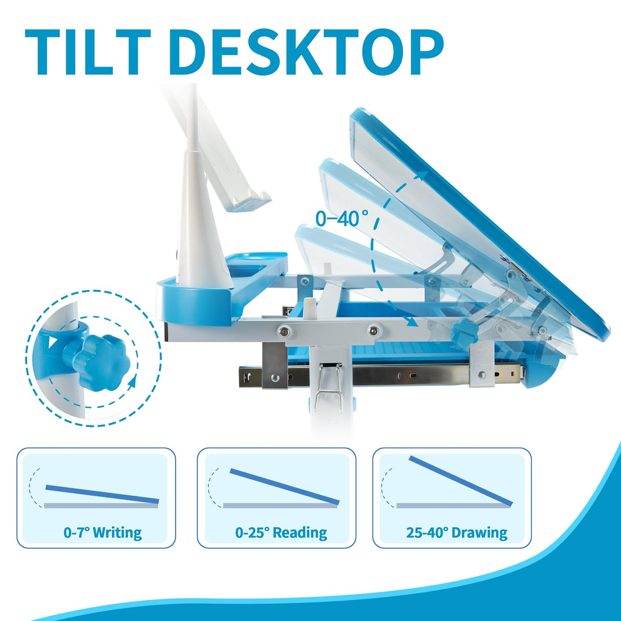 Diroan Kids Functional Desk and Chair Set, Ergonomic Height Adjustable Children School Study Desk with Tilt Desktop, Book Stand, LED Light, Metal Hook and Storage Drawer for Boys Girls(Blue) Diroan