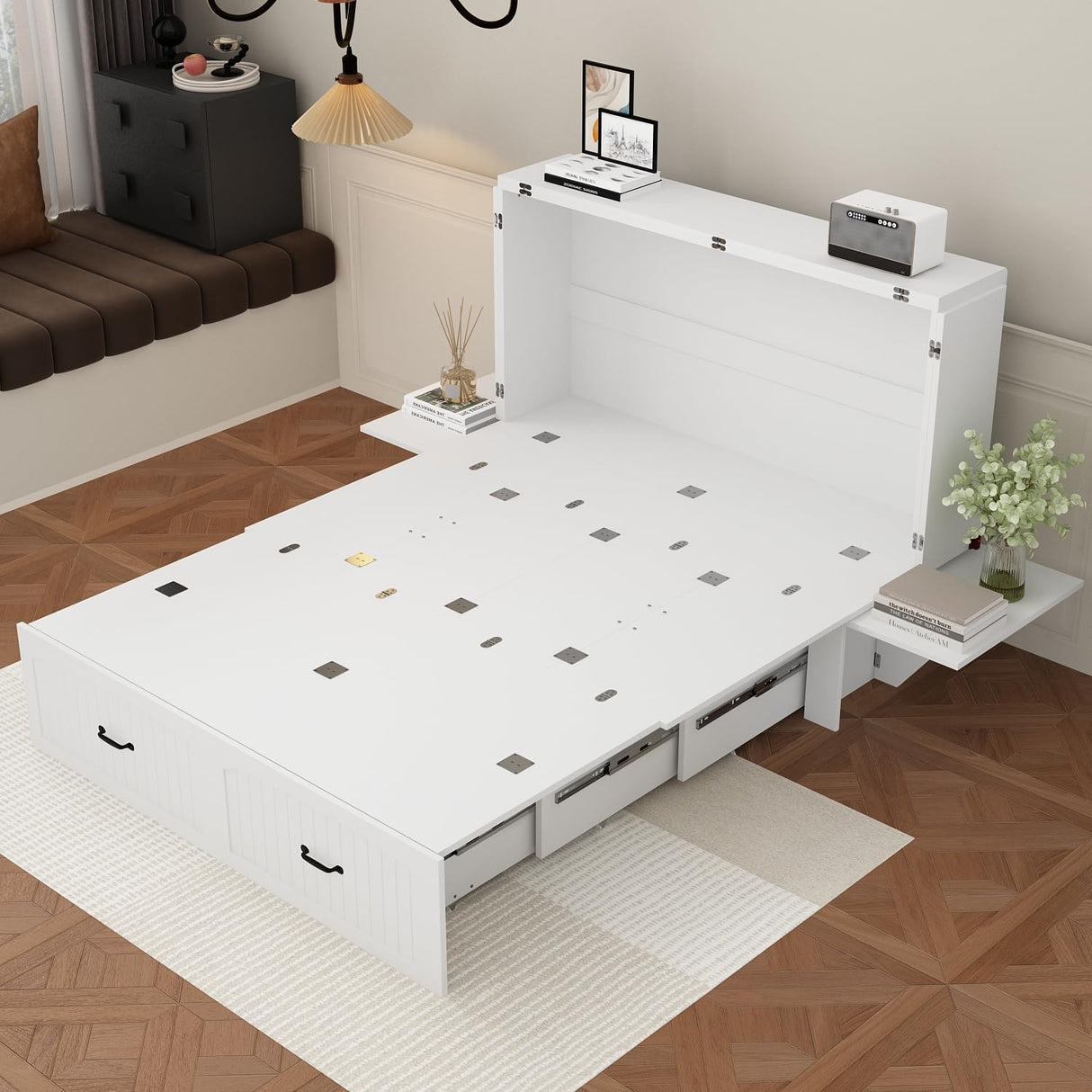 ECACAD Full Size Murphy Bed with Built-in Nightstands, Space-Saving Foldable Bed Cabinet with Large Drawer, 2-in-1 Bed Frame for Bedroom Guest Room, White ECACAD