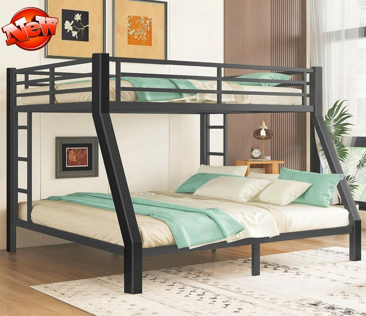 TSAMPA Latest Upgraded & Stronger Heavy Duty Black Metal Bunk Bed Frame Queen Over King Size, Thickened Safer More Stable Bunkbed King Bunk Bed (Easier to Assemble) (Queen Over King) TSAMPA