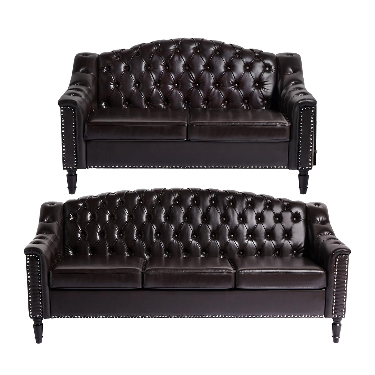 SUJOUCRAFT Chesterfield Camelback Loveseat & 3 Seater Sofa, Mid-Century Living Room Leather Upholstered Leather Sofa Sets, Sofa Couch Sectional with Deep Seat Tufted Backrest (PU-Camelback-2+3, Brown) SUJOUCRAFT