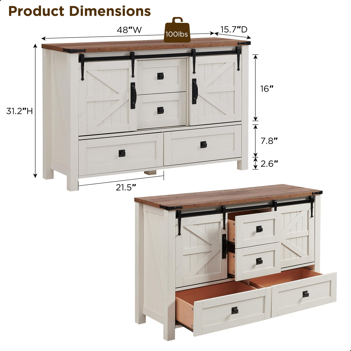 T4TREAM Farmhouse Sideboard Buffet Cabinet with Storage, 31.2'' Tall Kitchen Cabinet with 2 Sliding Barn Doors and 4 Drawers, Rustic Wood Coffee Bar Table for Dining Room, Antique White T4TREAM
