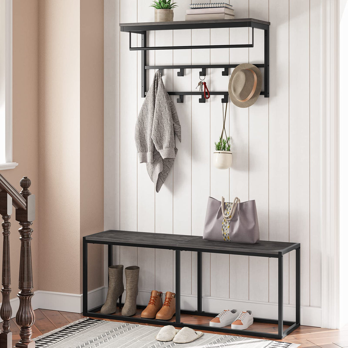 HOOBRO Dining Bench, 47.2 Inch Industrial Style Kitchen Table Bench, Steel Frame, Easy to Assemble, for Kitchen, Dining Room, Charcoal Gray and Black BC12CD01 HOOBRO