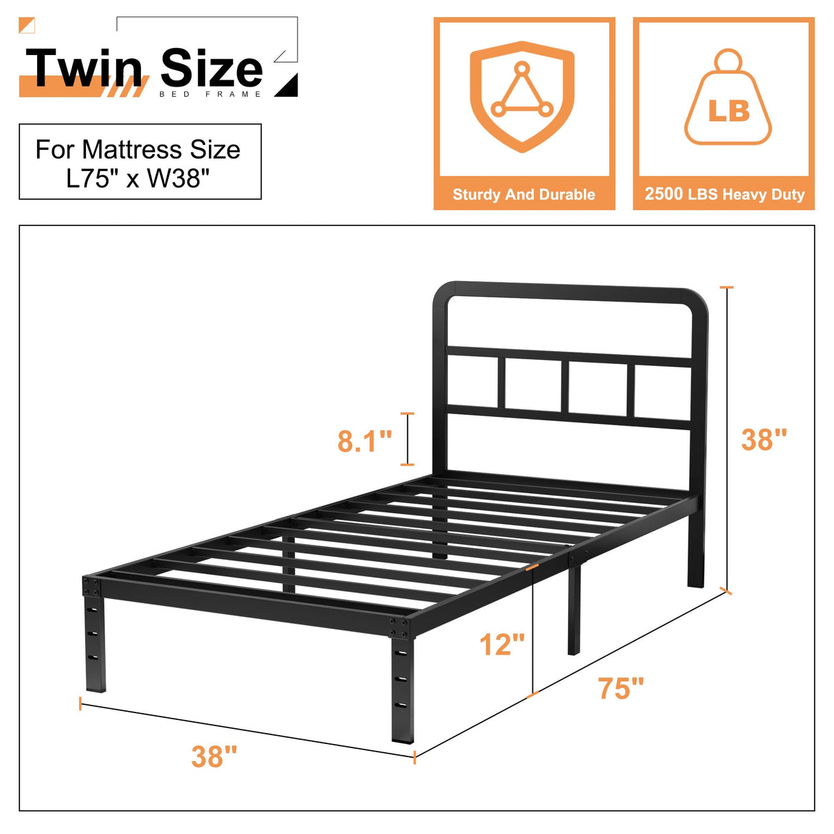 Husleephu Twin Bed Frames with Headboard, 12 Inch Heavy Duty Metal Twin Platform Bed Frame, No Box Spring Needed, Noise Free, Easy Assembly, Black Husleephu