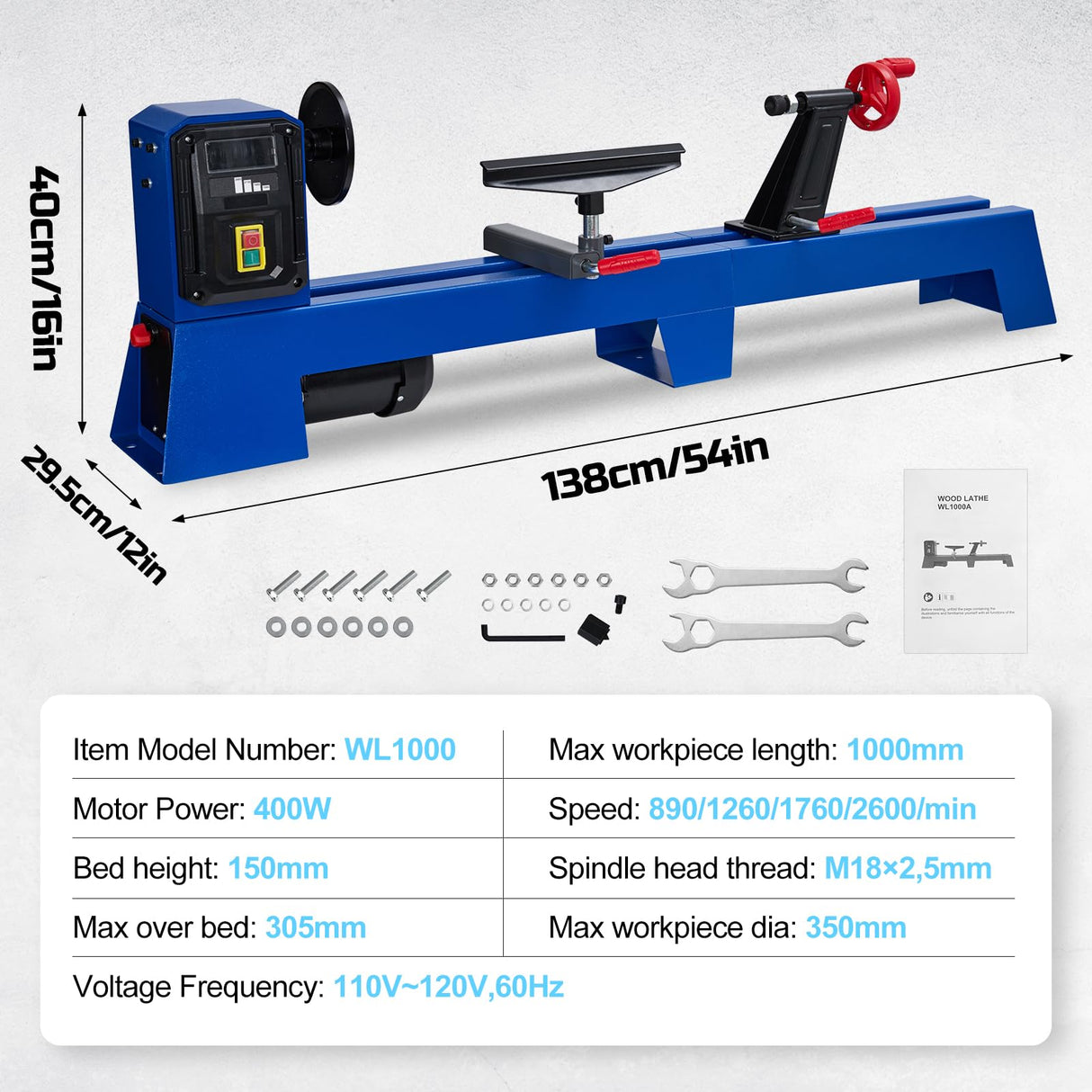 Benchtop Wood Lathe, 14" x 40", Power Wood Turning Lathe 400W, 4 Speed 1040/1480/2130/2980RPM, Benchtop Wood Lathe for High Speed Sanding and Polishing of Finished Work TROPOW
