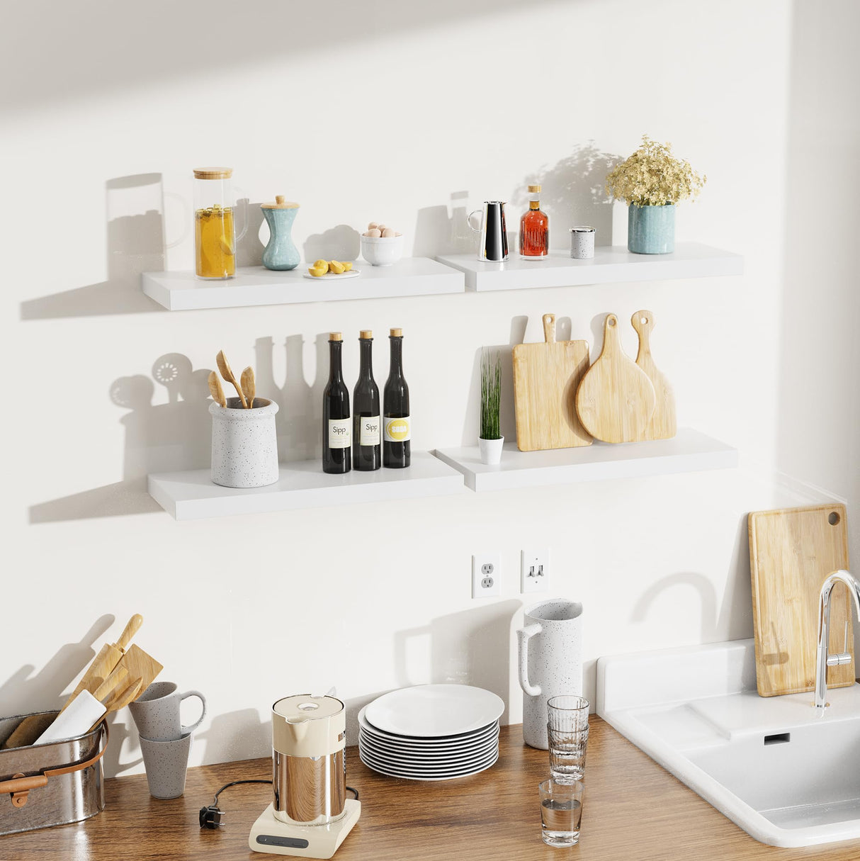 Bellsal Floating Shelves for Wall, White Engineered Wood Wall Shelf Set of 4, 16" Wall Mounted Floating Shelf for Kitchen, Living Room, Bedroom, Bathroom Storage, Book Shelf for Walls Home Decor Bellsal