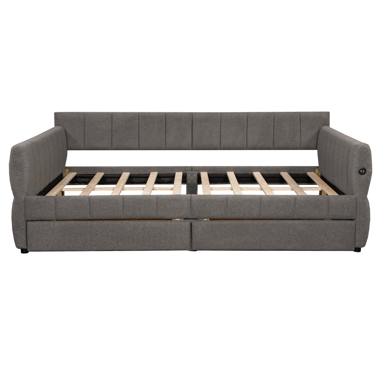 Queen Daybed with USB and 2 Drawers, Upholstered Corner Bed Queen with Storage for Living Room, Gray RuiSiSi