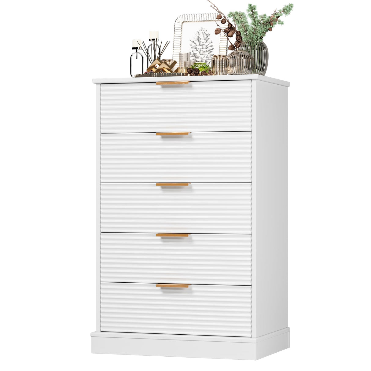 FACBOTALL 5 Drawer Dresser, White Dresser for Bedroom with Wavy Patterns, Wood Dressers with Embedded Handles, Modern Style Chest of Drawers for Living Room Hallway Entryway FACBOTALL