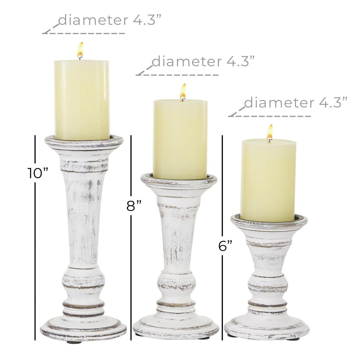 Deco 79 Wood Decorative Candle Holder Candle Stand, Set of 3 Candlestick Holder 6", 8", 10"H, White Deco 79