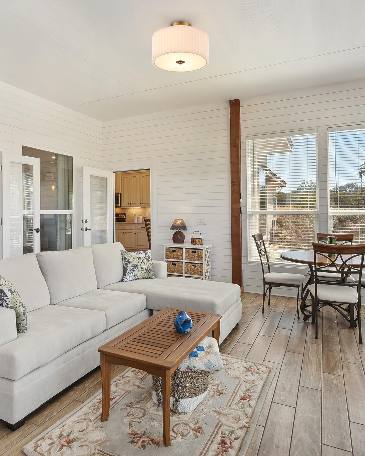 VONLUCE Semi Flush Mount Ceiling Light, 12.2'' Ceiling Light Fixture with Pleated Shade, 2-Light Modern Drum Light Fixture for Bedroom Living Room Entryway Hallway, White Shade & Bronze Finish VONLUCE