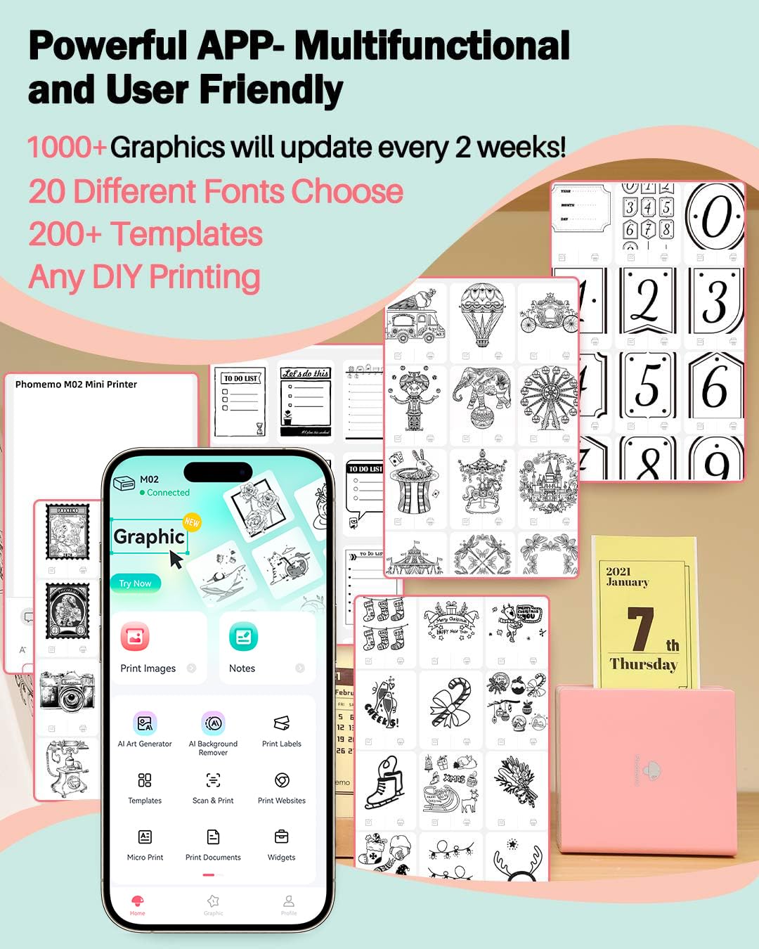 Phomemo Sticker Printer- with 3 Rolls Paper M02 Thermal Printer Mini Pocket Printer Sticker Maker for Photo Printing, Study Notes, List, Work, Gift, Receipts, Pink Phomemo