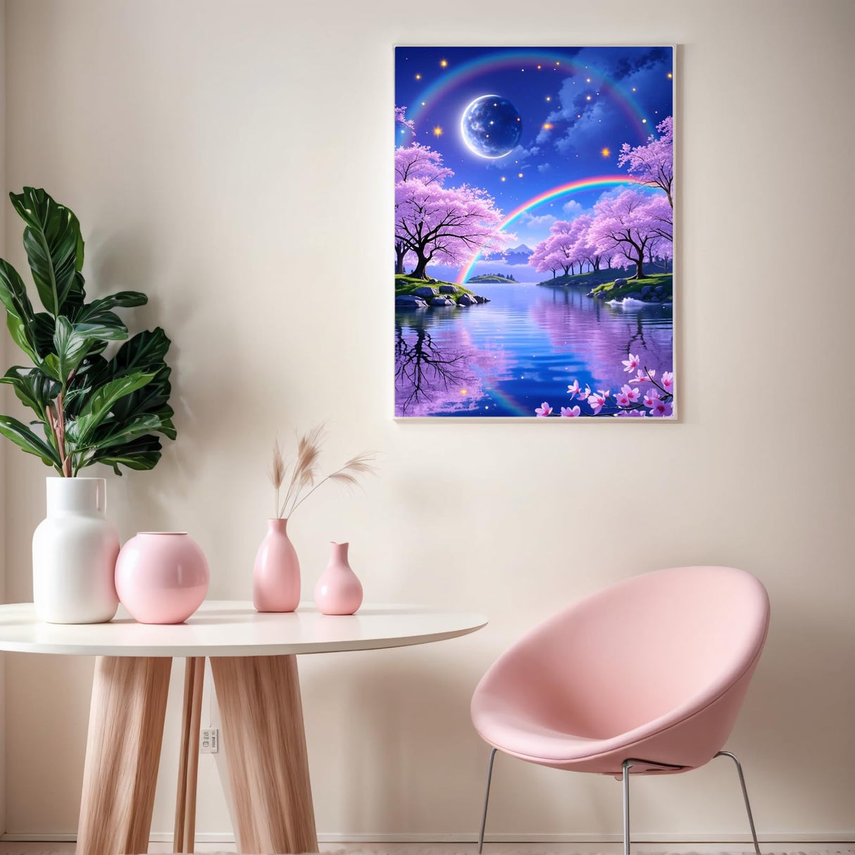 PINFFSHU 5D Diamond Painting Kits for Adults - Fantasy Starry Sky, Pink Cherry Blossoms & Magical Moonlit Rainbows DIY Full Drill Art, Sparkling Enchanted Landscape Wall Decor 12x16 Inches (30x40cm) PINFFSHU