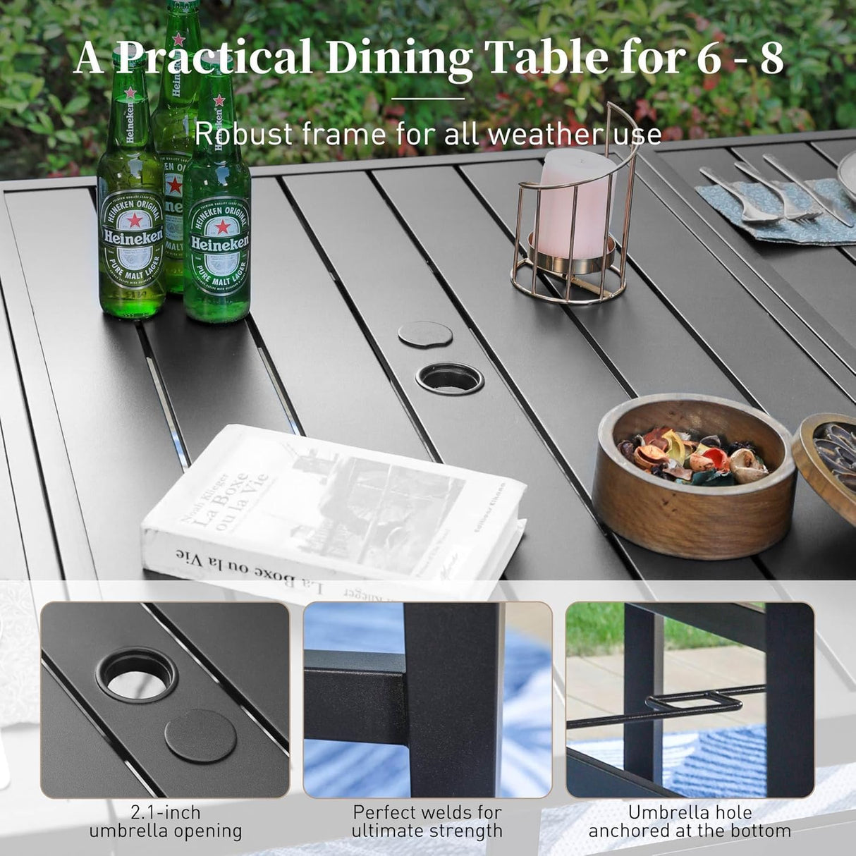 9 Pieces Patio Dining Set, 8 x Woven Rattan Chairs with Waterproof Cushion, 83" Rectangular Metal Dining Table with Umbrella Hole, Outdoor Table and Chairs Set for Backyard Lawn and Deck, Beige SUNSHINE VALLEY