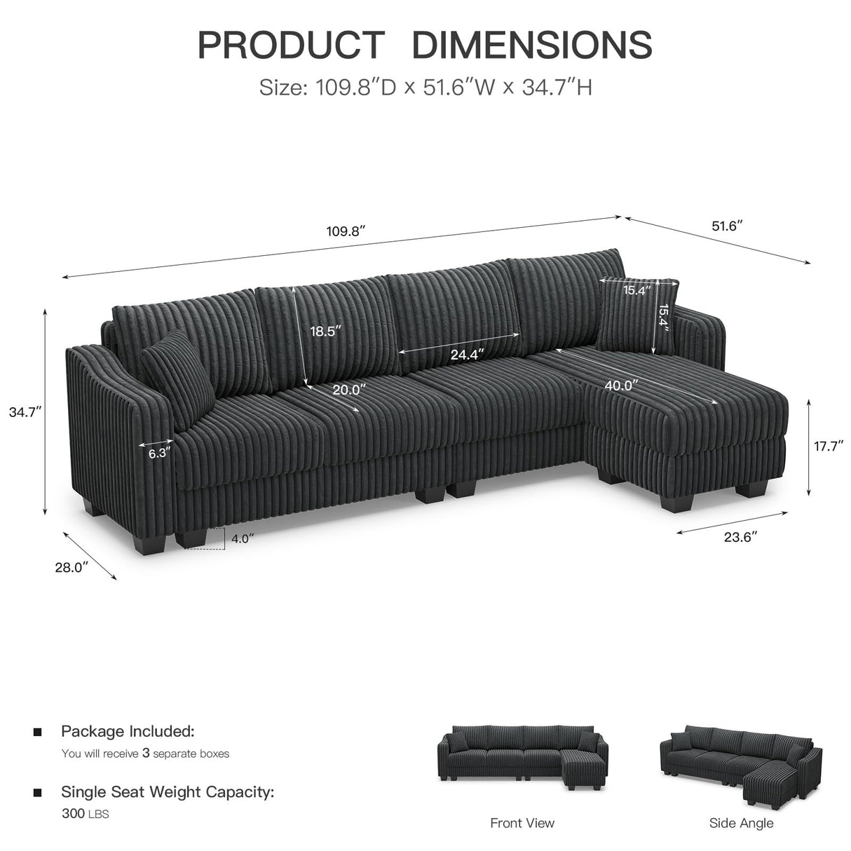 Belffin Sectional Couch with L-Shape Chaise L Shaped Couch with Ottoman Sectional Couches for Living Room Corduroy (Dark Grey, L Shaped) Belffin