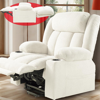 Cfvyne Three Motor Large-Wide Power Lift Chairs Recliners for Big and Tall Elderly, 180° Lay Flat Lift Chair, Infinite Position, Power Headrest, Heat & Vibration Massage (Plush Flannel, Cream White)