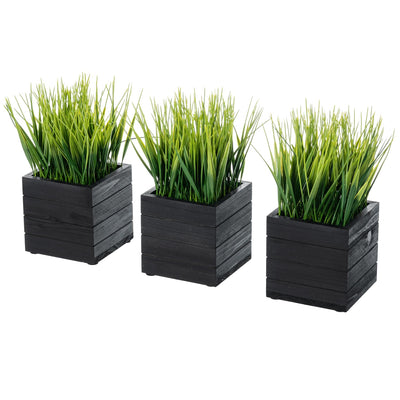 MyGift Artificial Green Grass Plants in Vintage Black Wood 4 Inch Planter Boxes, Faux Greenery in Decorative Square Crate Style Wooden Containers, Set of 3