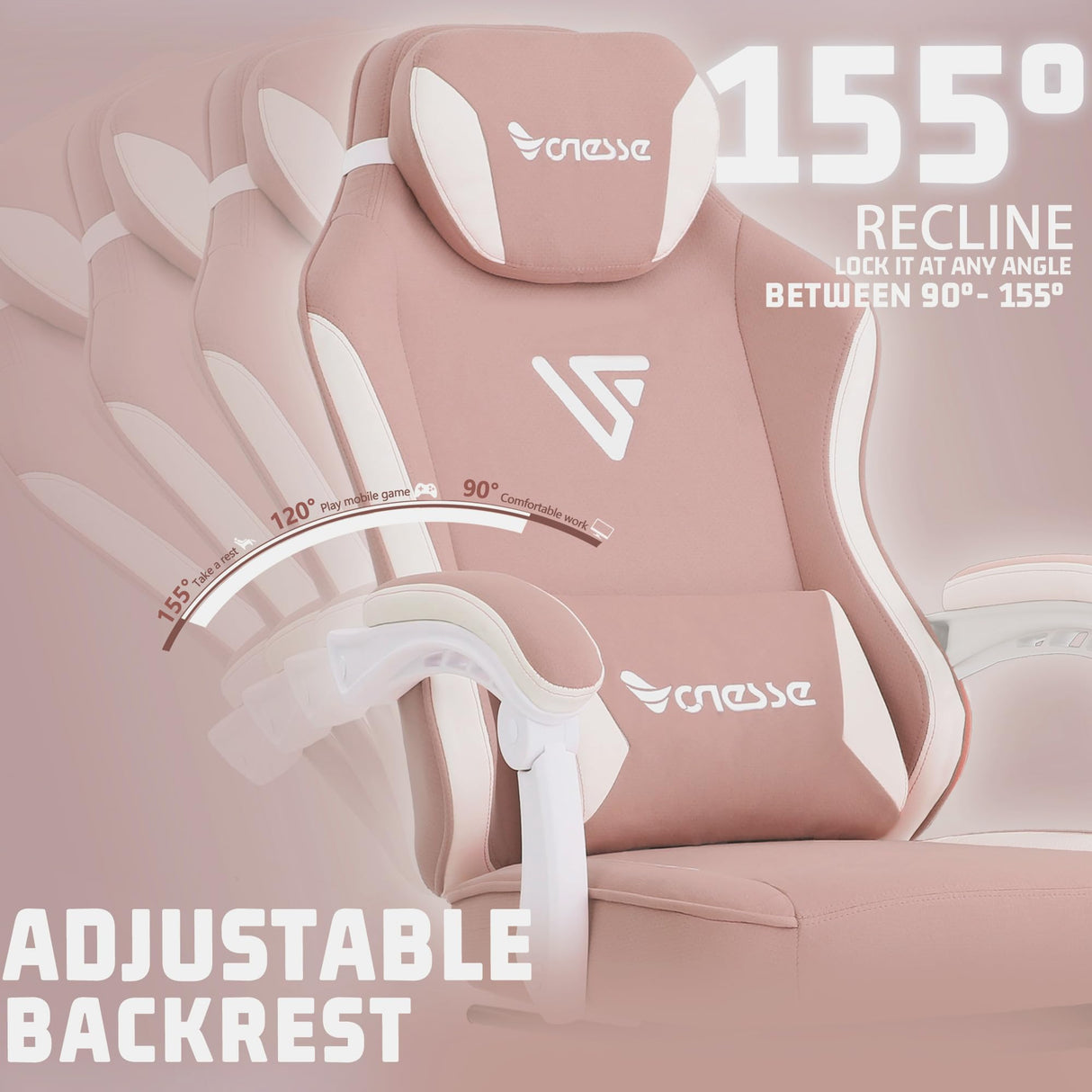 Vonesse Gaming Chair, Computer Chair Fabric with Pocket Spring Cushion, Office Chair with Footrest and Massage Lumbar Support, Reclining Gaming Chairs for Adults 250LBS (Pink) Vonesse