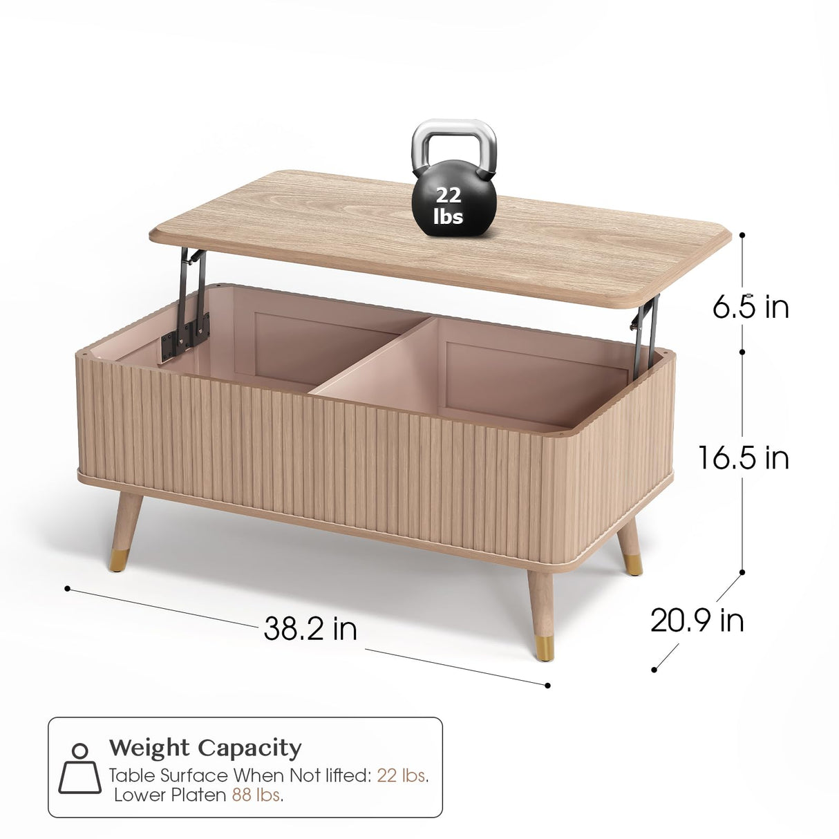 Vanvuson Lift Top Coffee Table with Storage, Mid Century Modern Coffee Table with Solid Wood Legs, 38" Minimalist Fluted Center Table for Living Room, Home Office, Natural Oak Vanvuson