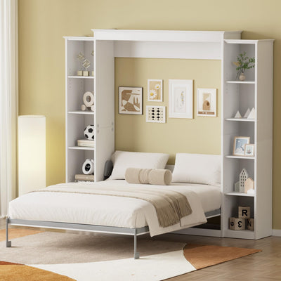 BEQAI Murphy Bed Queen with Storage Bookcase & 4 Adjustable Shelves, Queen Murphy Bed Cabinet Bed, Foldable Space Saving Furniture Beds, Wood Wall Bed for Guest Room, Bedroom, White