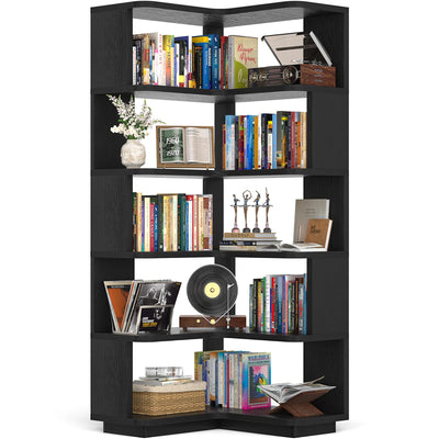 Armocity Corner Book Shelf - 6 Tier Corner Bookshelf Etagere Bookcase with Baffle, Freestanding L Shaped Display Shelf Stand for Home Office, Living Room, Bedroom, Kitchen, Black