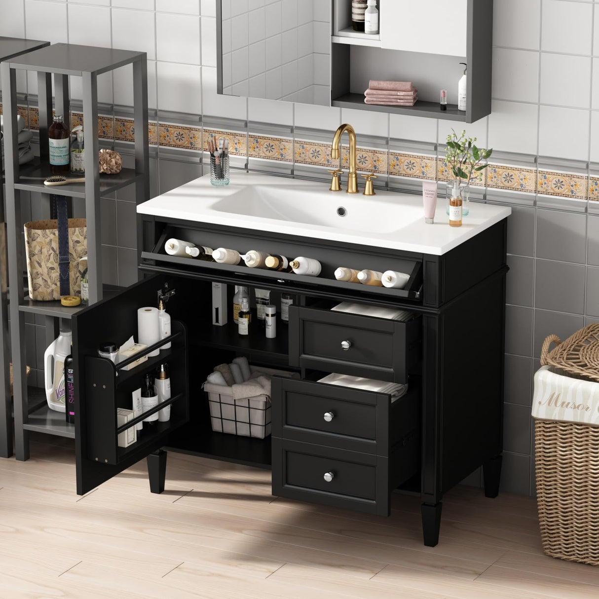 Merax 36'' Bathroom Vanity with Top Single Resin Sink Countertop, Solid Wood Frame Modern Storage Cabinet, Tip-Out Drawer, Soft Closing Doors, Black Merax