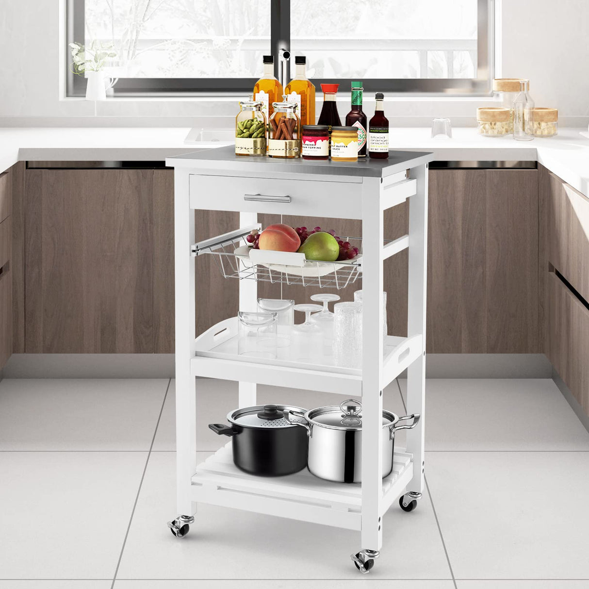 GOFLAME Kitchen Island Cart with Drawer, Rolling Kitchen Cart on Wheels with Stainless Steel Countertop, Metal Basket, Serving Tray, Lockable Casters, Utility Trolley Cart for Dining Room, White GOFLAME