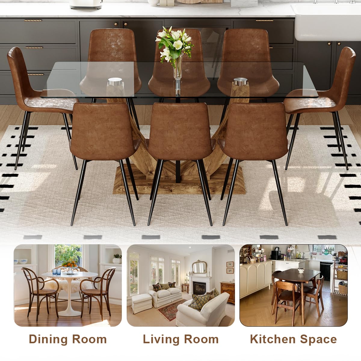 JEARGE 71" Glass Dining Table Set for 8, 9 Piece Dining Table Set,Tempered Glass Table Top with U-Shaped Legs and Fabric Dining Chairs,Ideal for Kitchens, Living Rooms JEARGE