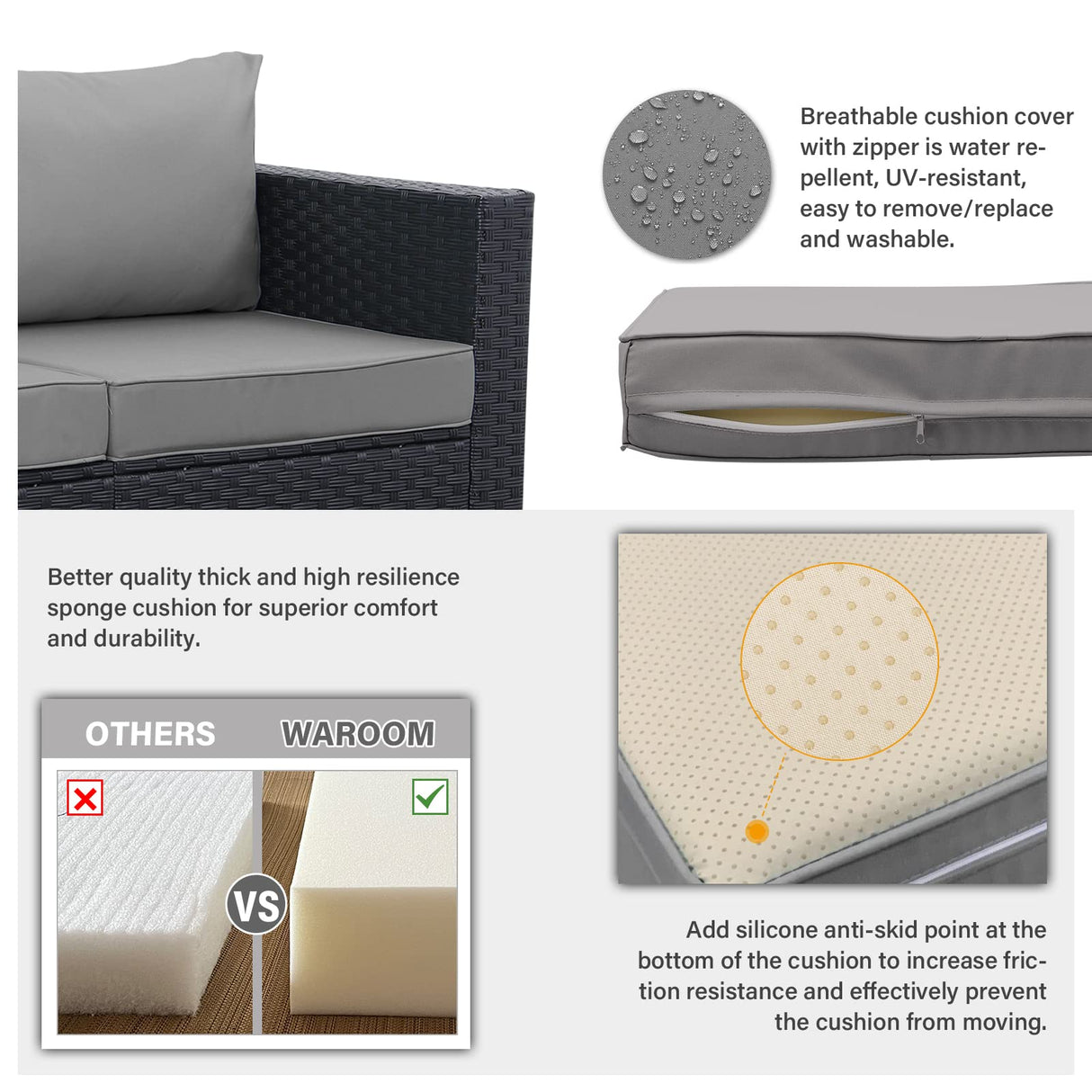 Outdoor PE Wicker Patio Furniture Set 4 Piece Black Rattan Sectional Loveseat Couch Set Conversation Sofa with Storage Box Glass Top Table and Non-Slip Grey Cushion WAROOM