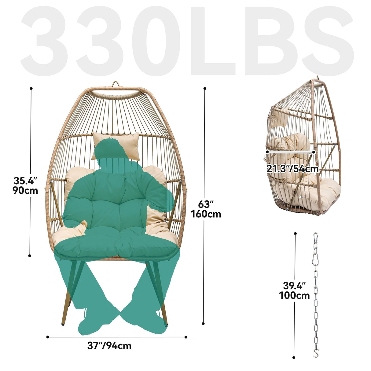 YITAHOME 2 in 1 Egg Chairs with Stand Egg Hanging Swing Chairs Rattan Wicker Chairs with Cushions Indoor Outdoor for Patio, Garden, Backyard, Porch, Beige YITAHOME