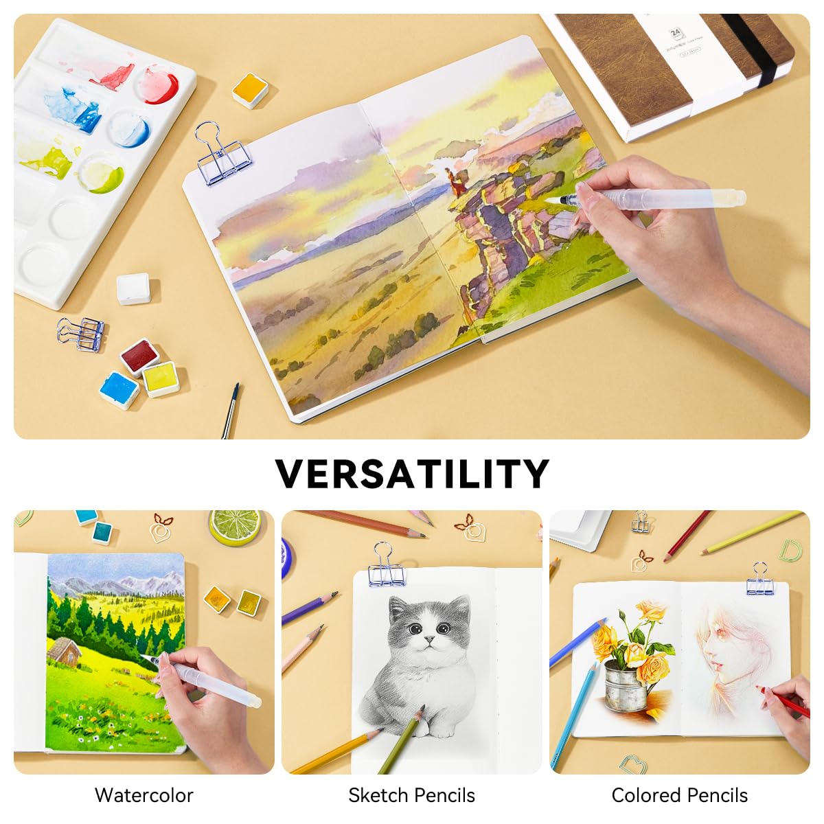 Lightwish Watercolor Journal, 100% Cotton Cold Press Watercolor Paper,140lb/300gsm Acid-Free, 24 Sheets 5.12x7.48” Sketchbook for Adults, Students LIGHTWISH