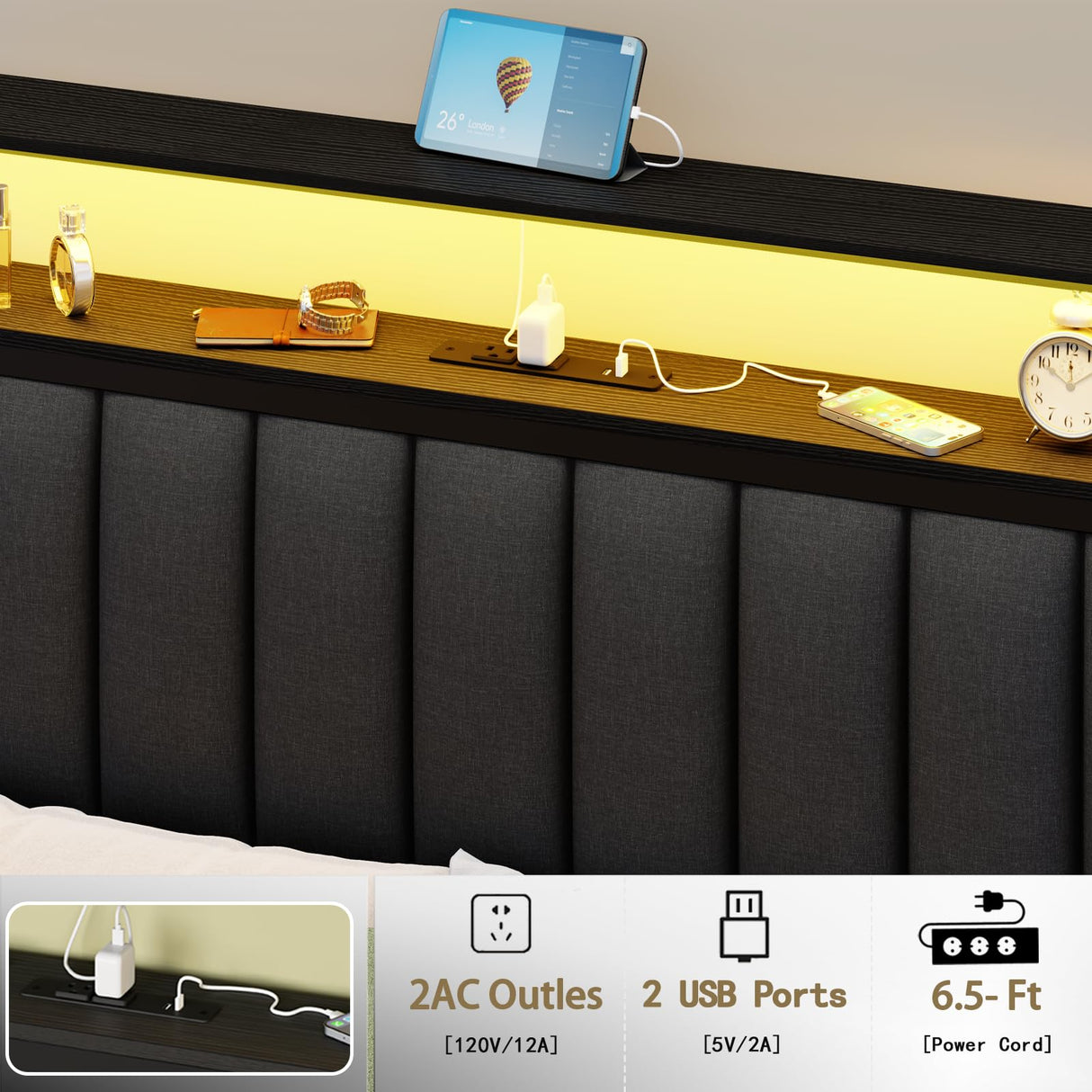 Furnulem Queen Size Bed Frame with Charging Station and LED Lights, Platform Bed with Metal Slats, Grey Upholstered Headboard with 2-Tier Storage Shelves, No Box Spring Needed Furnulem