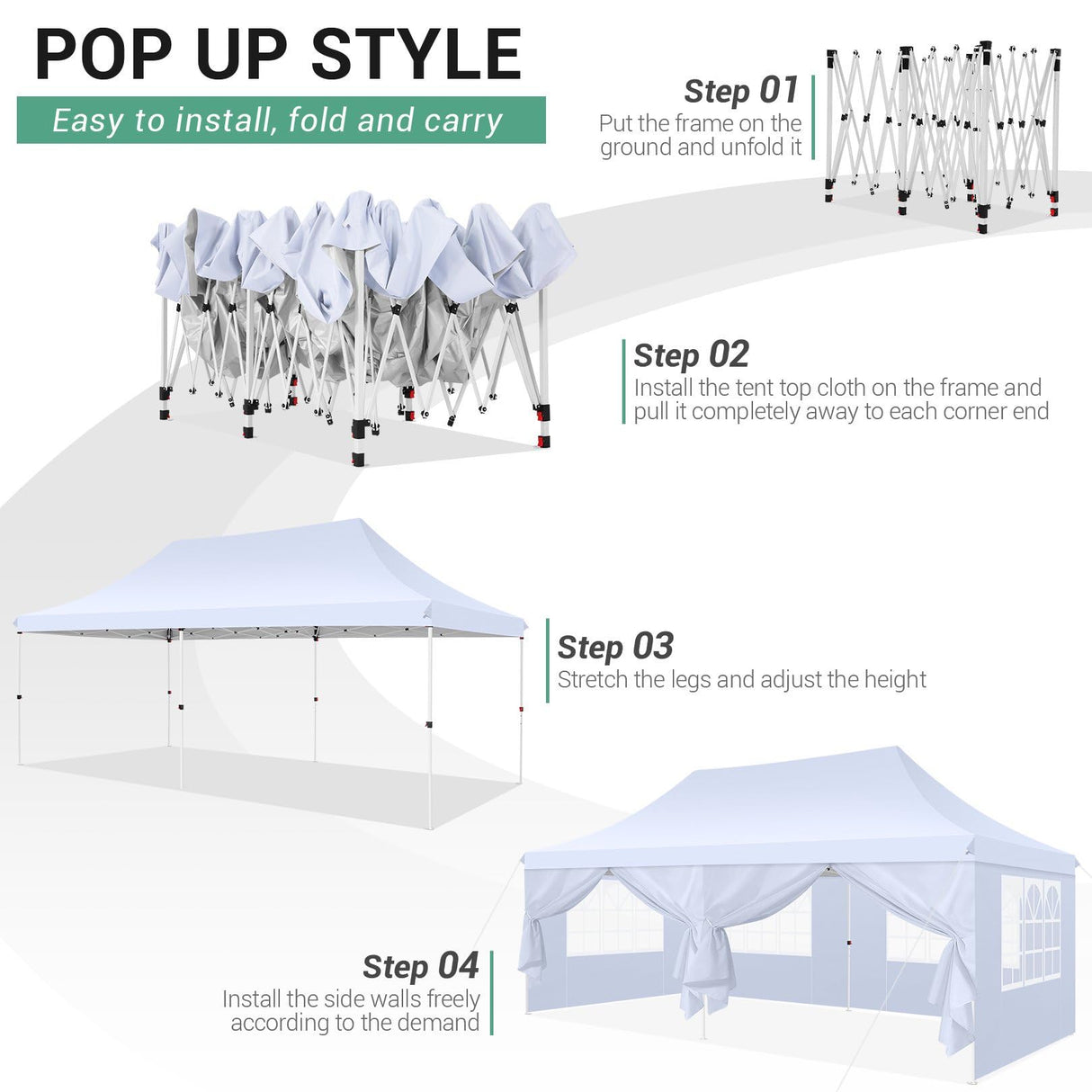 COBIZI 10x20 Pop Up Canopy with 6 Sidewalls,Waterproof Instant Party Tents for Weddings & Parties, Easy Up Commercial Canopy Tent,UPF 50+ UV Protection, 3-Height Adjustable Frame & 4 Sandbags (White) COBIZI