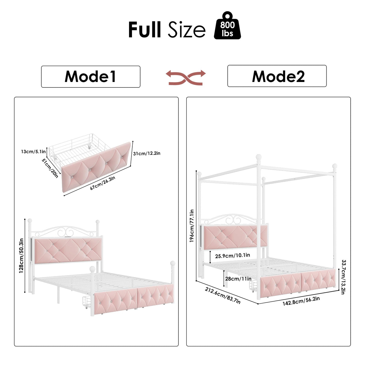 Full Upholstered Canopy Bed Frame with 2 Drawers & Crystal Tufted Storage Headboard Two-Purpose Metal Platform Bed with 4 Removable Posts & Charging Station Pink Princess Bed, Curtain Not Included Keyluv