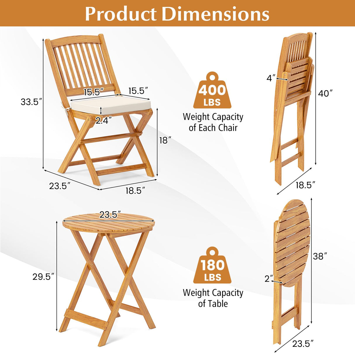 Tangkula 3 Pieces Acacia Wood Patio Folding Bistro Set, Outdoor Table and Chairs Set with Soft Cushions, Patio Furniture Set for Porch, Balcony, Garden, Deck and Backyard Tangkula