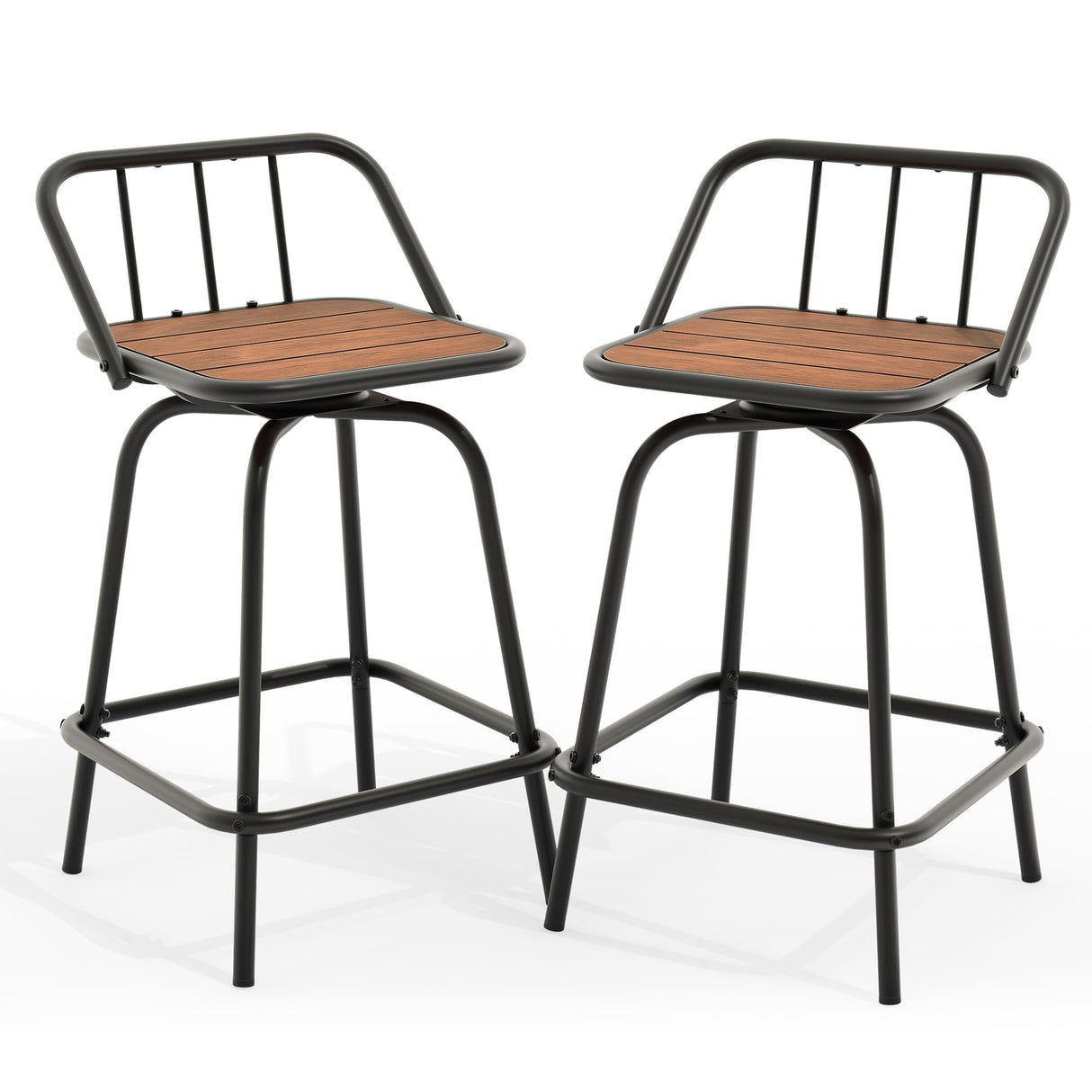 YITAHOME 24 Inches Swivel Bar Stools Set of 2, Counter Height Barstools Platic Wooden Seat with Backrests and Footrest, Industrial Metal Bar Stools for Outdoor Patio Home Kitchen YITAHOME
