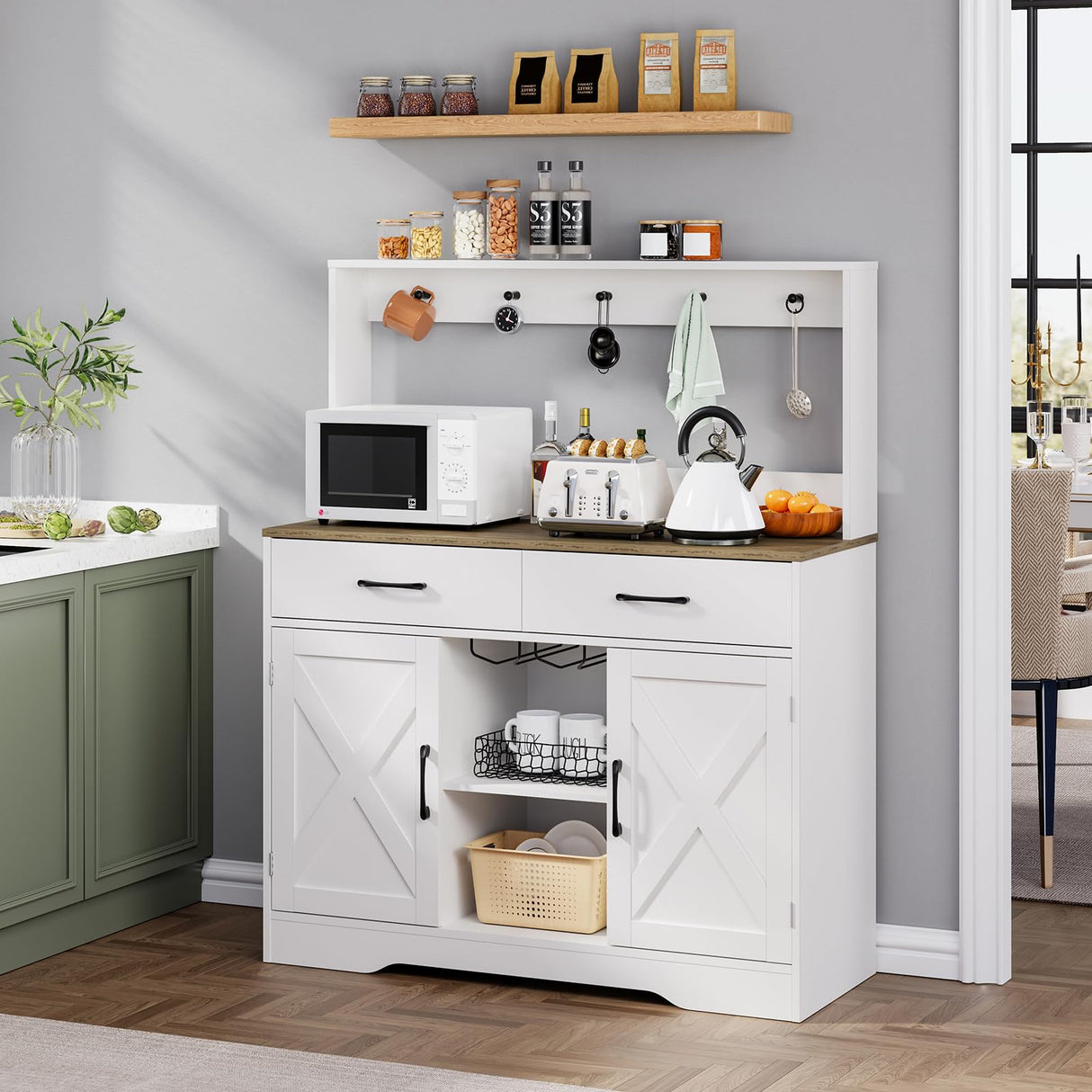 Buffet Cabinet with Storage,Sideboard Kitchen Storage Cabinet41.7 L x15.5 W x 47" H Farmhouse Coffee Bar Cabinet, with 2 Drawers and Shelves,Coffee Station Home Liquor Bar,White Mufico