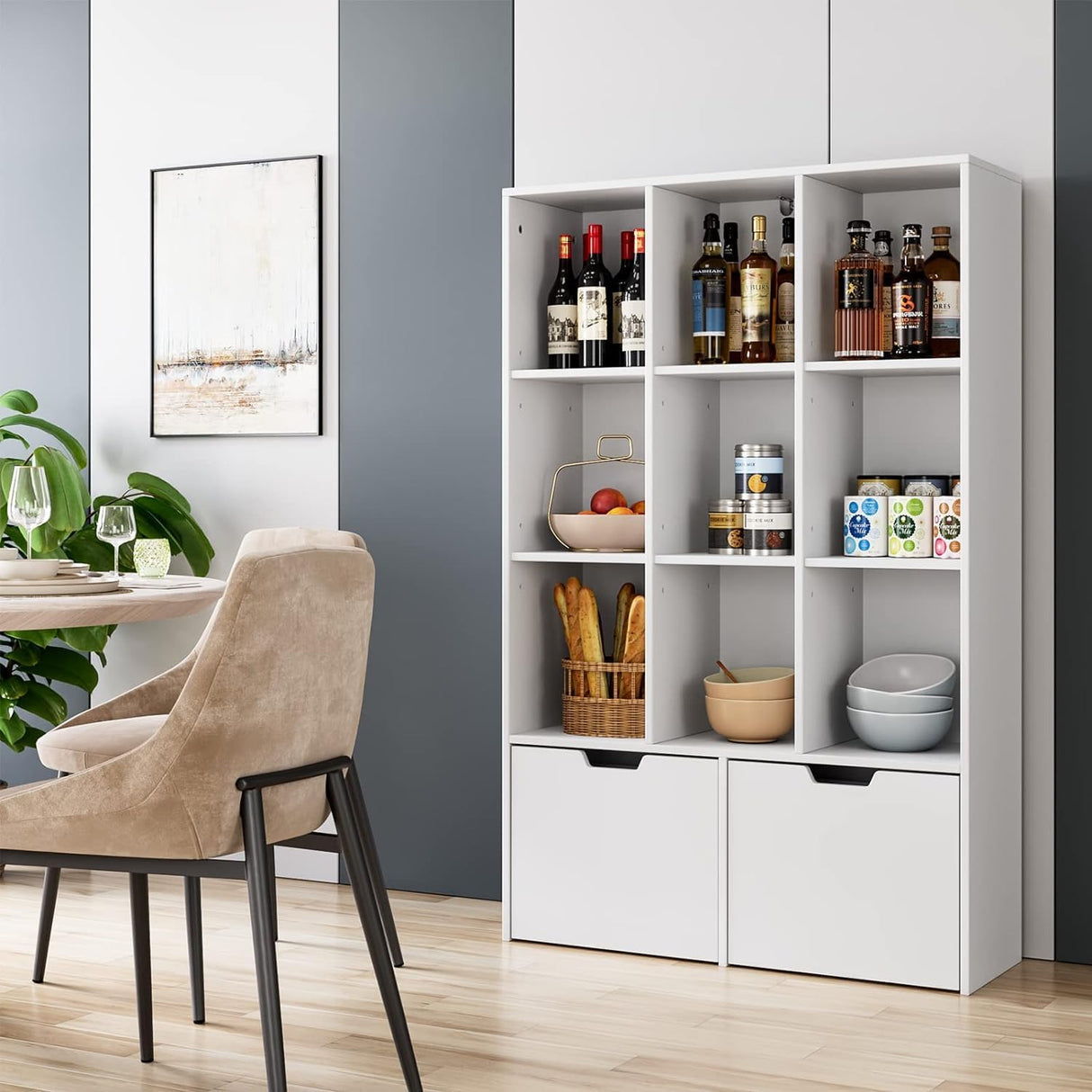 Modern White Bookshelf with Drawers and 9 Cubes by IDEALHOUSE, Versatile Storage Organizer for Home and Office IDEALHOUSE