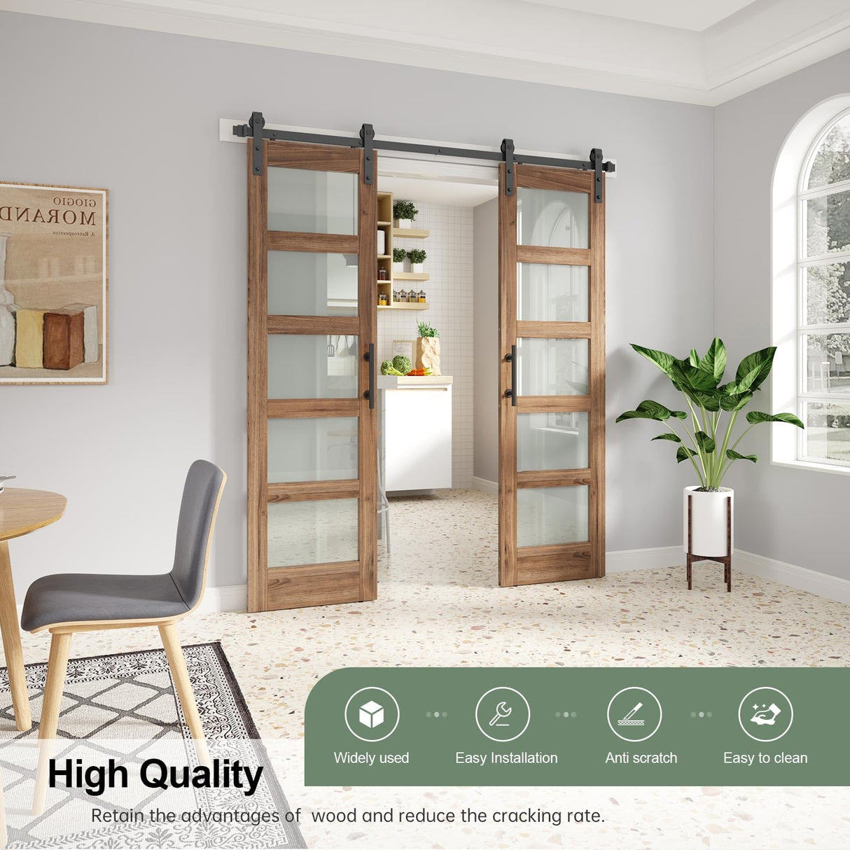 FREDBECK Double 24 x 84 inch Glass Barn Doors 48inch Barn Door with 8FT Hardware Kit & Handle Included,5-Panel Frosted Glass,LVL Wood Panel,Water-Proof PVC Surface,Pre-Drilled Holes,Need Assembly FREDBECK