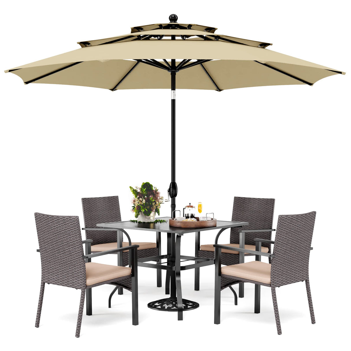 PHI VILLA 5 Pieces Outdoor Dining Set with Umbrella for 4, 37" Square Metal Dining Table & 4 Cushioned Wicker Rattan Chairs with 10ft Beige Umbrella for Patio, Deck, Yard, Porch PHI VILLA