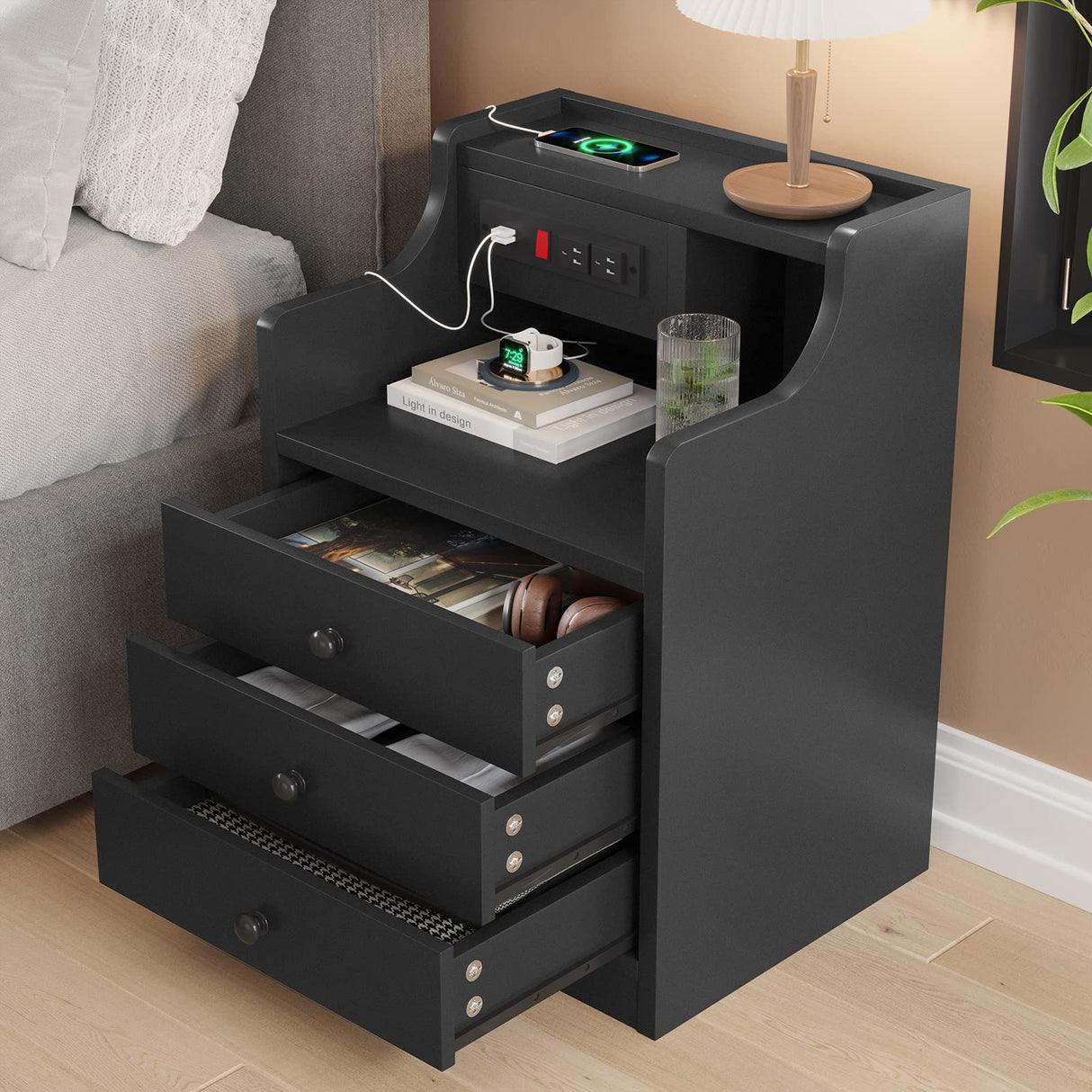 ADORNEVE Night Stand Set 2,Black Nightstand with Charging Station & Hutch,Night Stands for Bedrooms Set of 2,Bedside Table with Drawers ADORNEVE