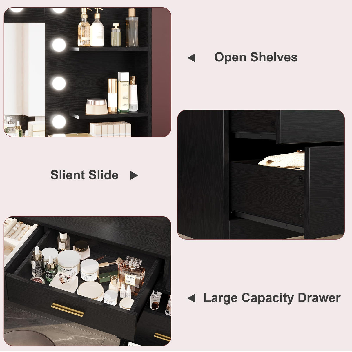 61" Make up Vanity Desk with Mirror and Lights, Black Vanity with 8 Wide Storage Drawers & 2 Tier Shelves, 3 Lighting Modes with Adjustable Brightness, Vanity Desk for Bedroom GarveeHome